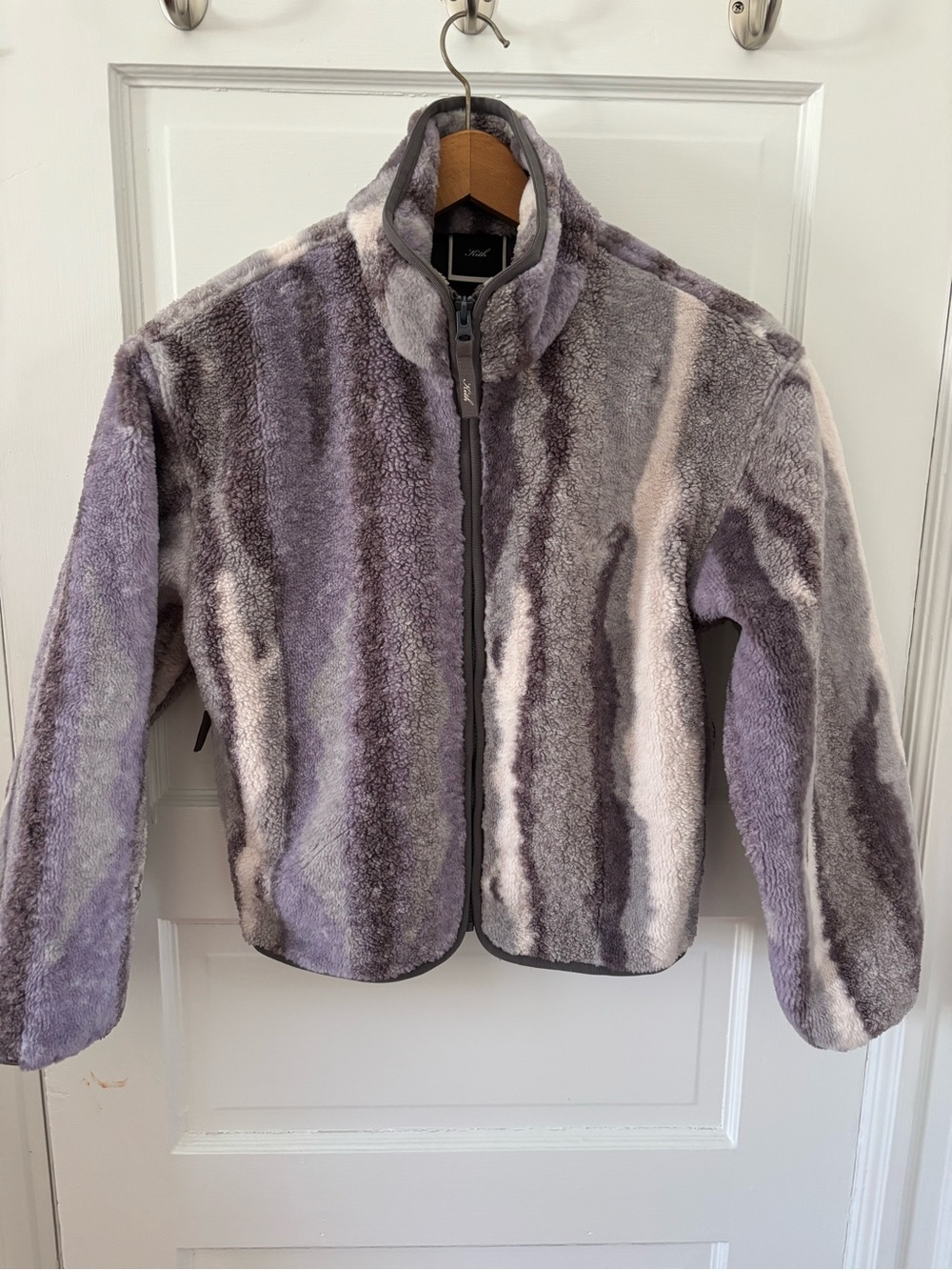 Kith Plush Zip-Up Teddy Jacket in Lavender and Gray Stripe